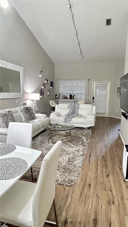A living room and dining area feature white furniture, a shag rug, and wood flooring — 21423 KEATING WAY, LUTZ, FL