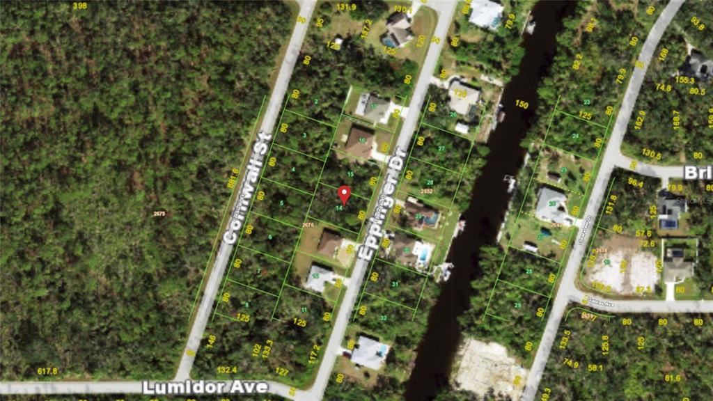 This is an aerial map showing residential lots and streets in a suburban neighborhood — 1367 EPPINGER DRIVE, PORT CHARLOTTE, FL