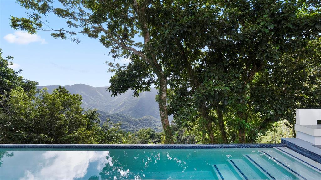 A swimming pool overlooks a lush green forest and distant mountains under a blue sky — km 16.5 PR-15, CAYEY, PR