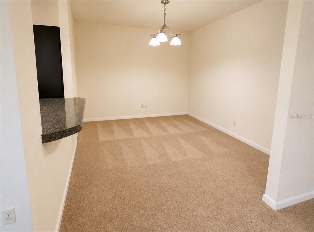 An empty dining area features beige carpet, a light fixture, and a granite breakfast bar — 4312 HECTOR COURT UNIT 4, ORLANDO, FL