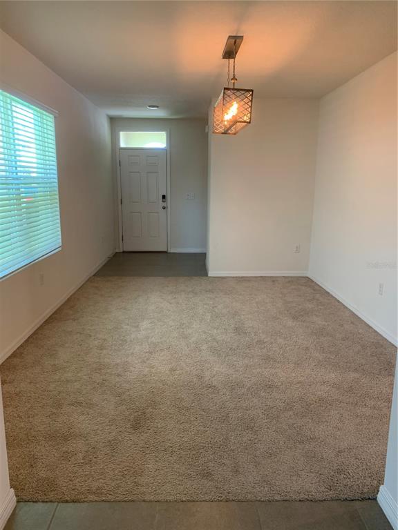 An empty room with beige carpet, white walls, and a hanging pendant light fixture — 10977 CARLTON FIELDS DRIVE, RIVERVIEW, FL