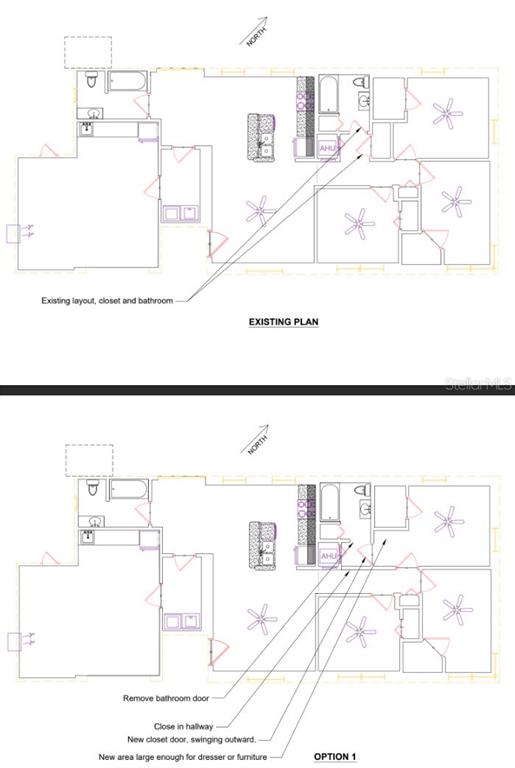 This image shows a floor plan comparing an existing layout with a proposed renovation option — 904 KENSINGTON DRIVE, COCOA, FL