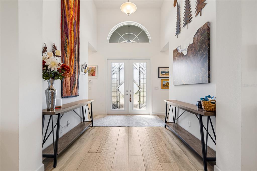 A bright entryway features wood-look tile floors, two console tables, and a double-door entrance — 4924 PAMPLONA COURT, WIMAUMA, FL