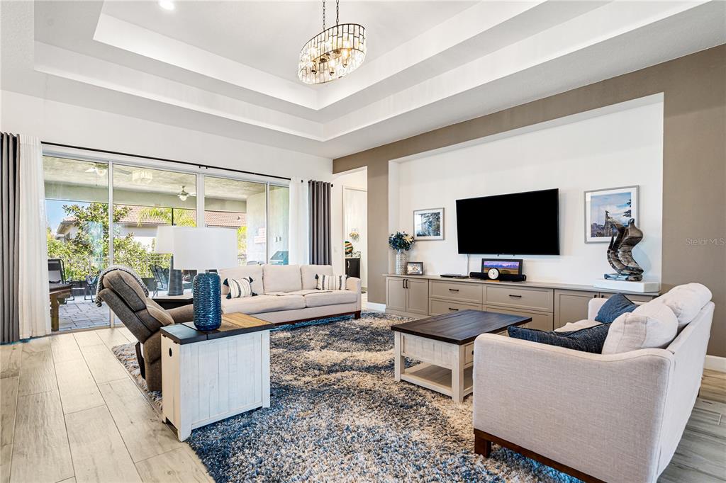 A living room features a tray ceiling, a large area rug, and a wall-mounted television — 4924 PAMPLONA COURT, WIMAUMA, FL