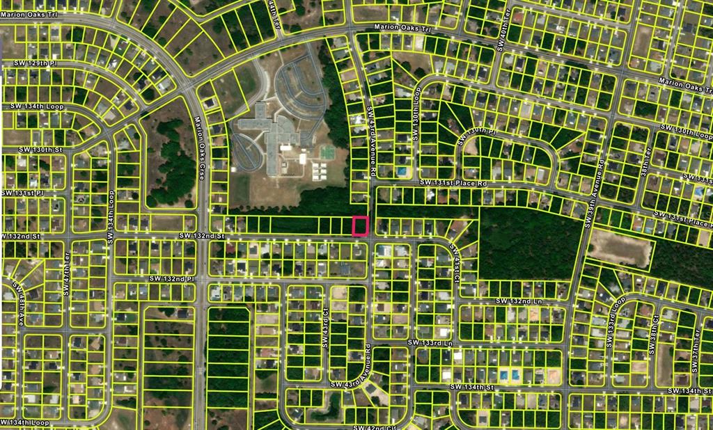 This is a satellite map view showing a highlighted rectangular land parcel in a residential neighborhood — LOT 20 SW 132ND STREET, OCALA, FL