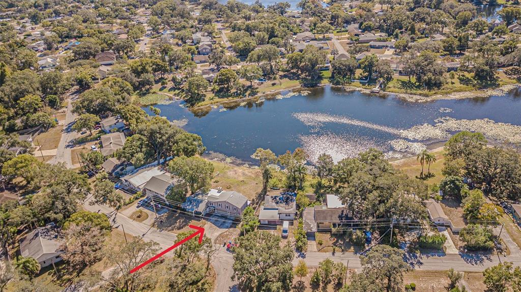 An aerial view shows a residential neighborhood with houses situated along a lake — 12510 FOREST HILLS DRIVE, TAMPA, FL