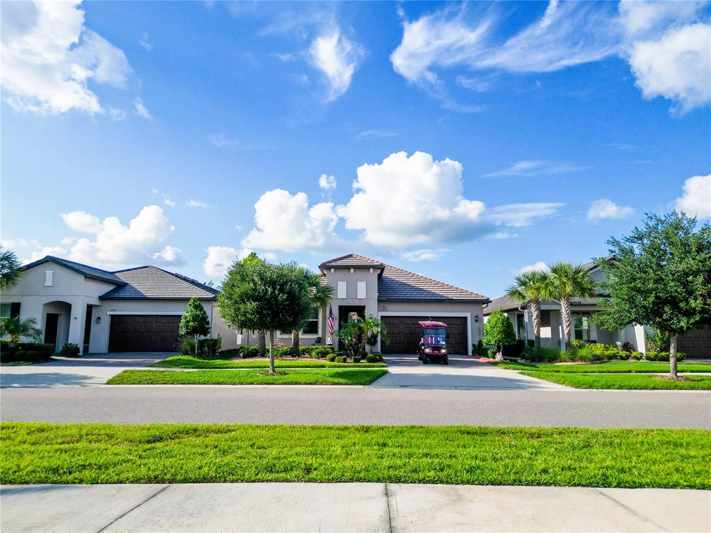 A street-level view of three suburban houses with driveways and a golf cart parked outside — 31527 CANNON RUSH DRIVE, SAN ANTONIO, FL