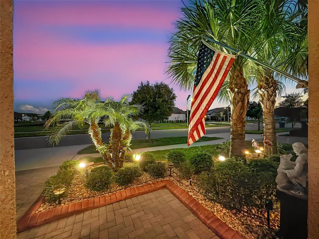 An American flag hangs near a palm tree and landscaping in front of a house — 31527 CANNON RUSH DRIVE, SAN ANTONIO, FL