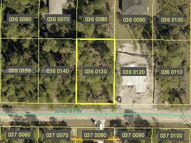 This is an aerial map showing a highlighted vacant residential lot among neighboring properties — 3204 32 ST W, Lehigh Acres FL 33971, LEHIGH ACRES, FL