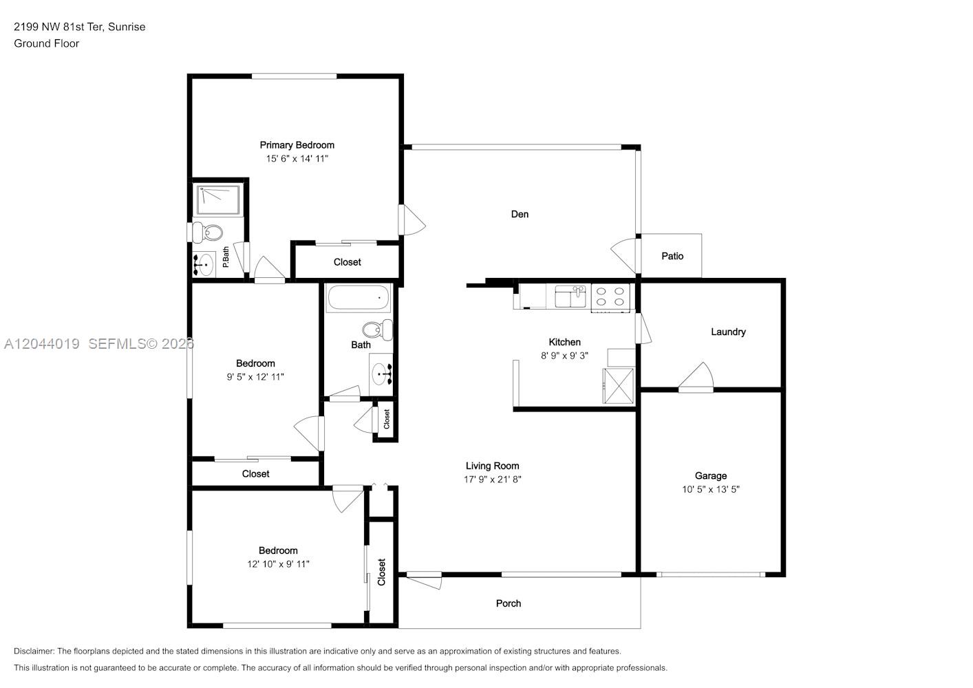 This is a floor plan for a ground floor residential unit with three bedrooms — SUNRISE, FL