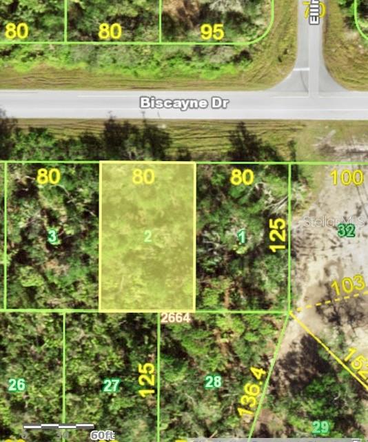 This is a map showing a highlighted rectangular land parcel labeled with the number two — 1005 BISCAYNE DRIVE, PORT CHARLOTTE, FL