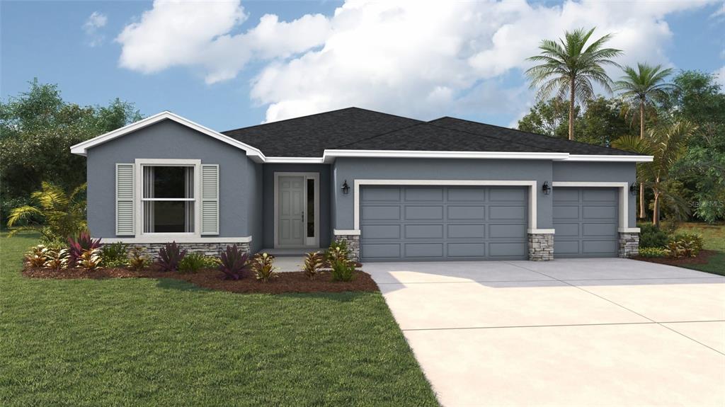 This is a digital rendering of a single-story house with a gray exterior and garage — 10405 WOODLAND GARDEN WAY, PARRISH, FL