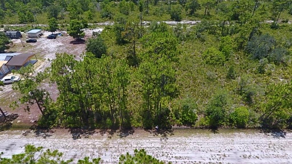 An aerial view shows a wooded, undeveloped lot bordered by a sandy road — 113 BOUGAINVILLE DRIVE, INDIAN LAKE ESTATES, FL