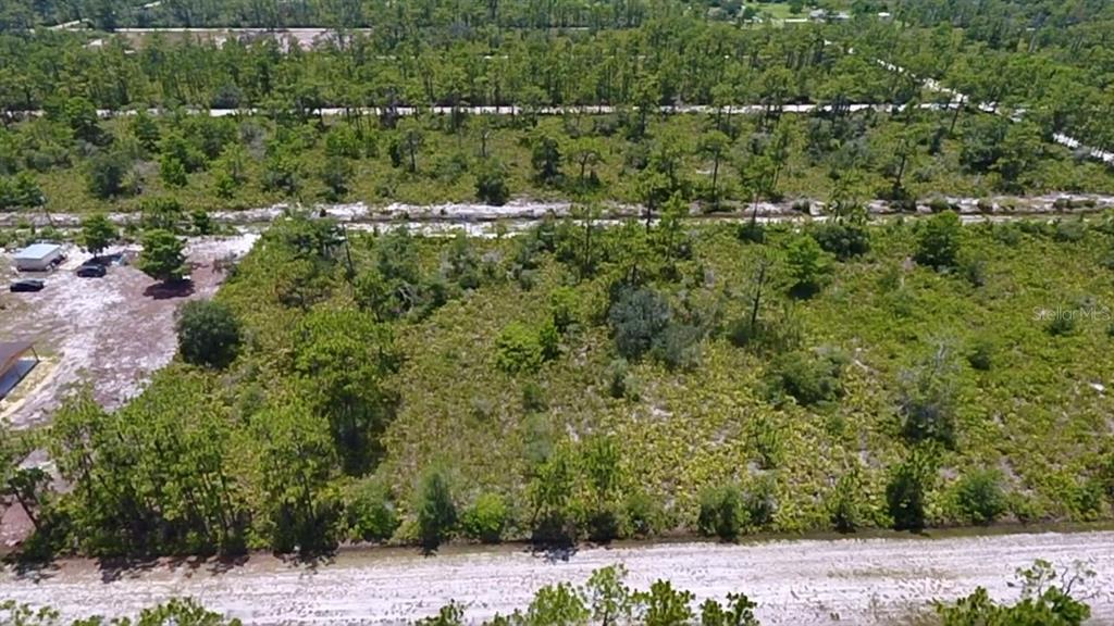 An aerial view shows a vacant, wooded lot bordered by a dirt road and vegetation — 113 BOUGAINVILLE DRIVE, INDIAN LAKE ESTATES, FL