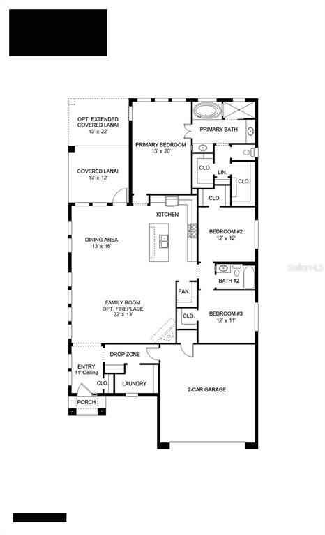 This is a floor plan for a single-story home with three bedrooms and a two-car garage — 13050 CAMELOT LANE, PUNTA GORDA, FL
