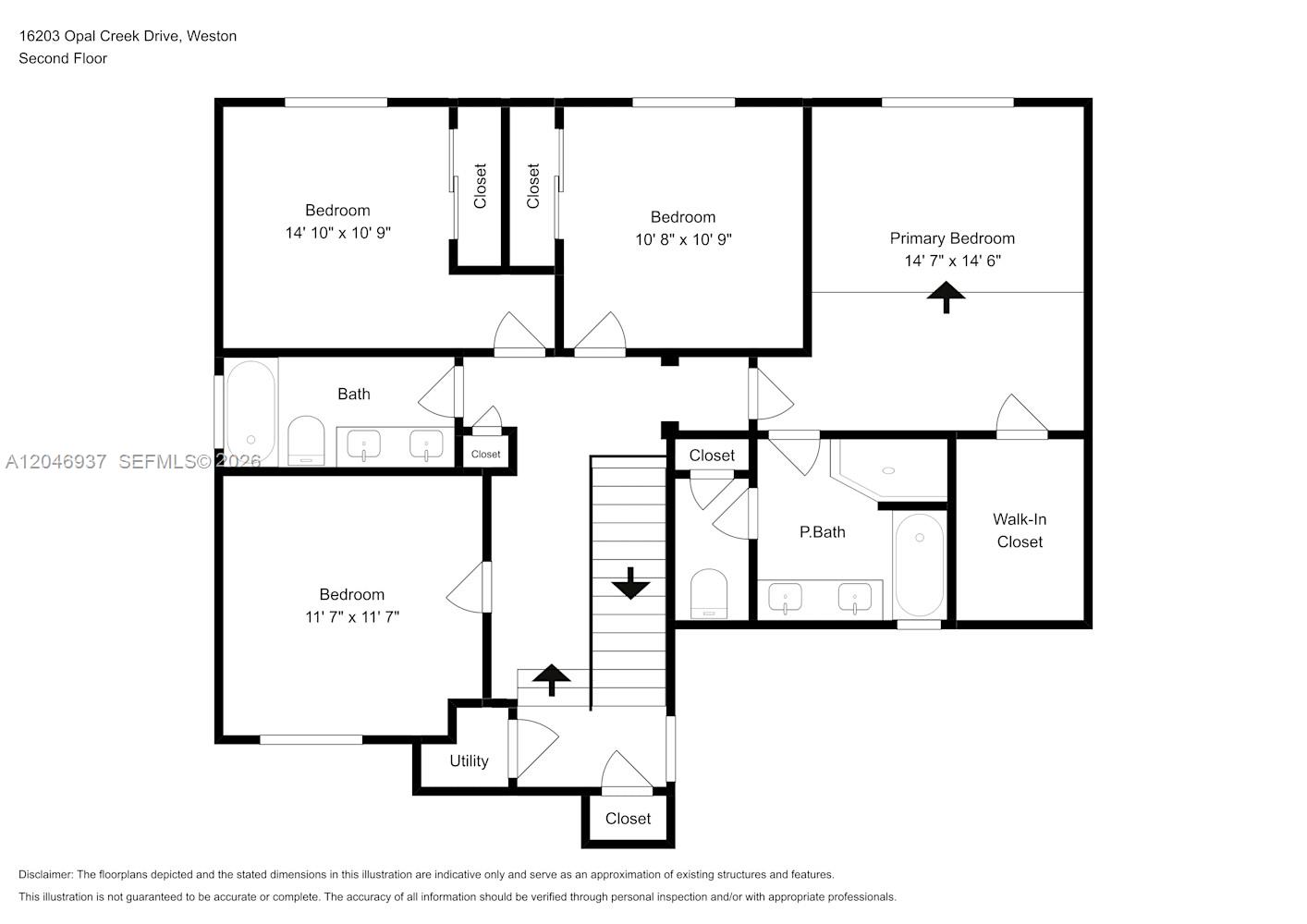 This is a floor plan of a second-floor layout featuring four bedrooms and two bathrooms — WESTON, FL
