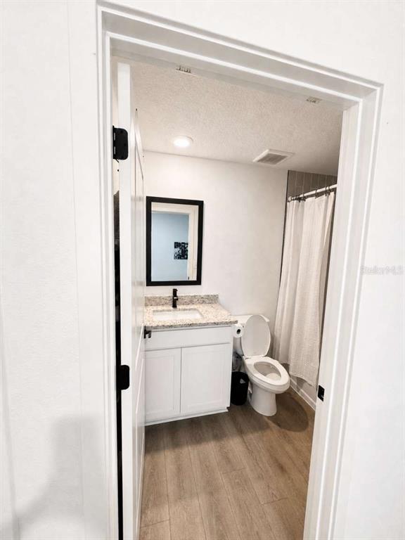 A bathroom featuring a white vanity, a toilet, and a shower with a white curtain — 5668 FLOTILLA AVENUE, TAMPA, FL