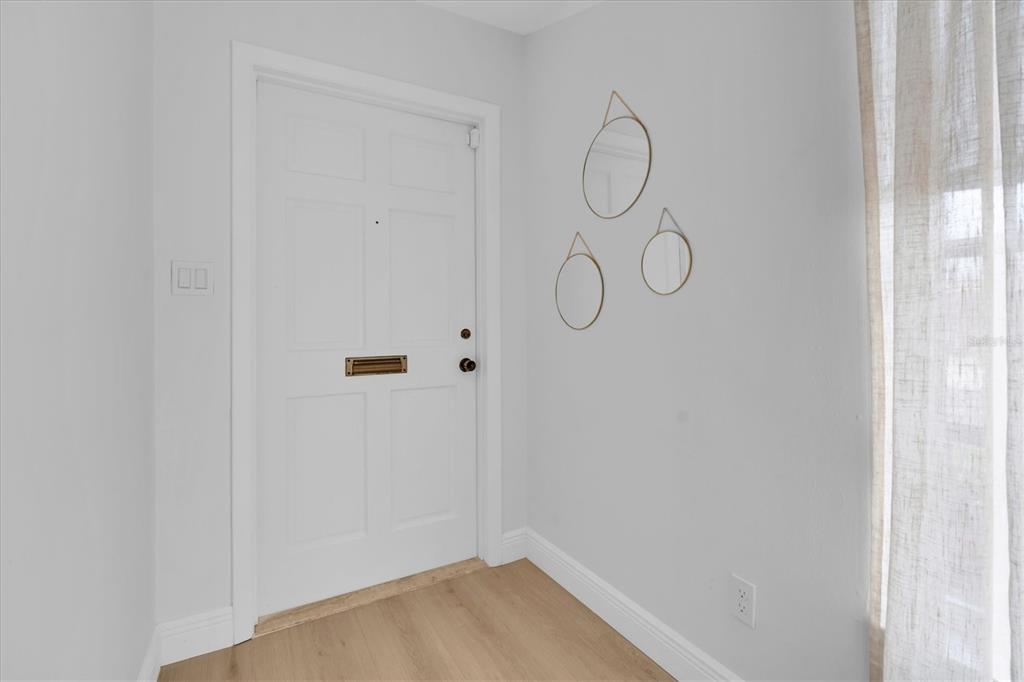 A white front door with a mail slot and three gold-framed mirrors on the wall — 8236 BRENTWOOD ROAD, SEMINOLE, FL