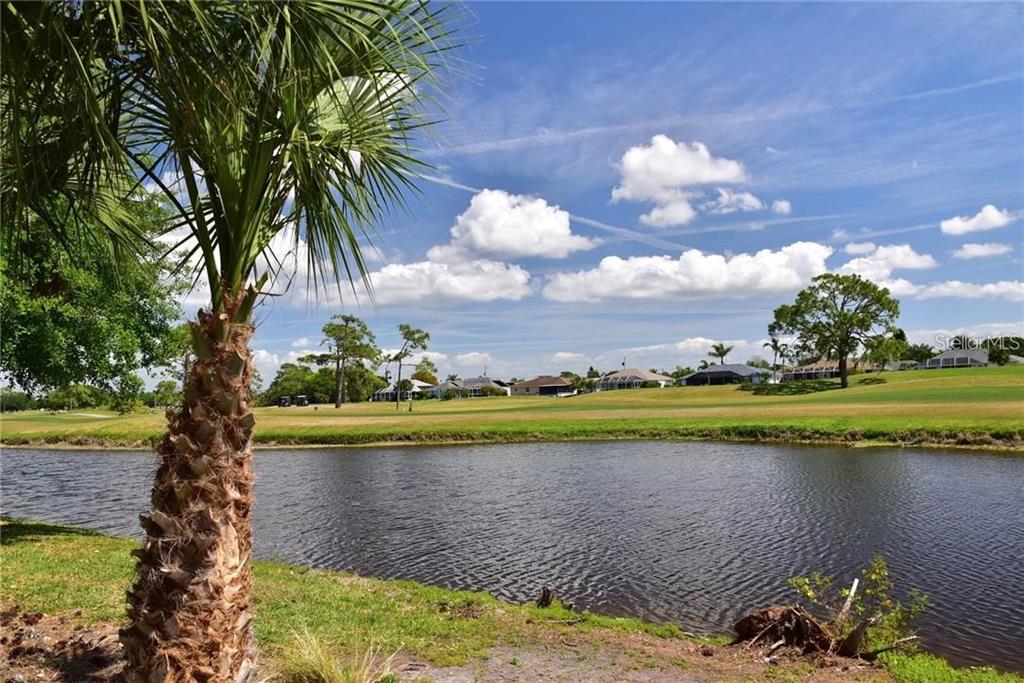 A palm tree stands in the foreground overlooking a pond and a golf course — 232 ROTONDA CIRCLE, ROTONDA WEST, FL