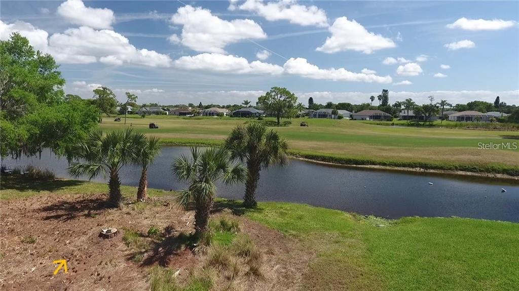 A view of a pond and golf course from a grassy backyard with palm trees — 232 ROTONDA CIRCLE, ROTONDA WEST, FL