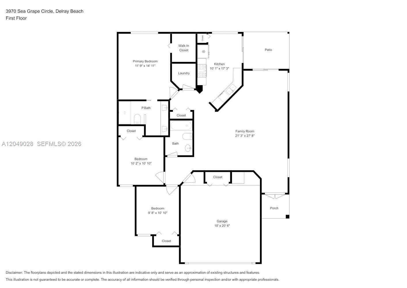 This is a floor plan for a single-story home with three bedrooms and a garage — DELRAY BEACH, FL