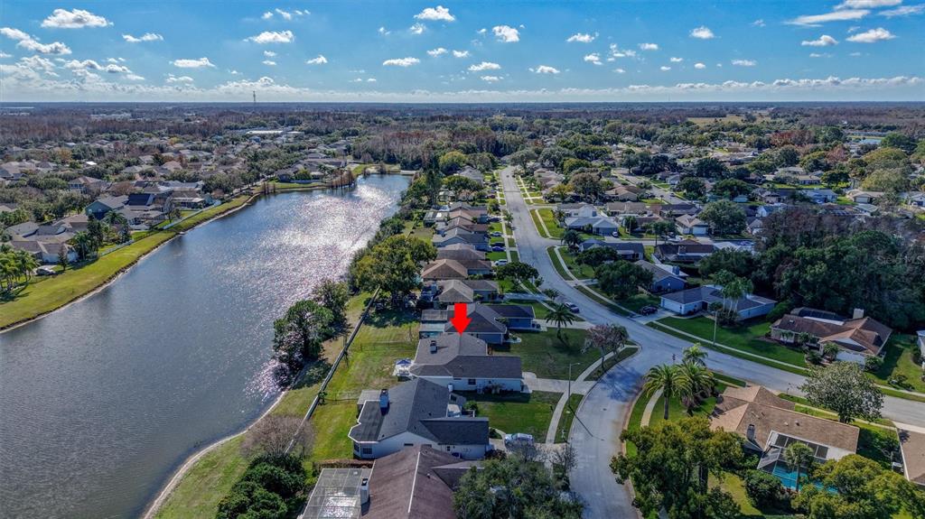 An aerial view shows a suburban neighborhood with a red arrow pointing to a house — 3808 WATSON DRIVE, NEW PORT RICHEY, FL