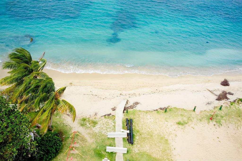 An aerial view shows a sandy beach with a palm tree and a concrete walkway — Villas del Mar MEDIANA ALTA UNIT 1, LOIZA, PR