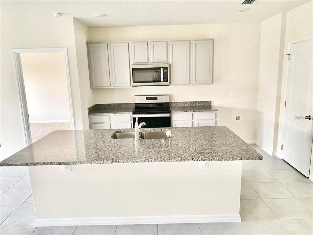 A kitchen features light gray cabinets, granite countertops, a central island, and stainless steel appliances — 2637 ROWAN STREET, TAVARES, FL