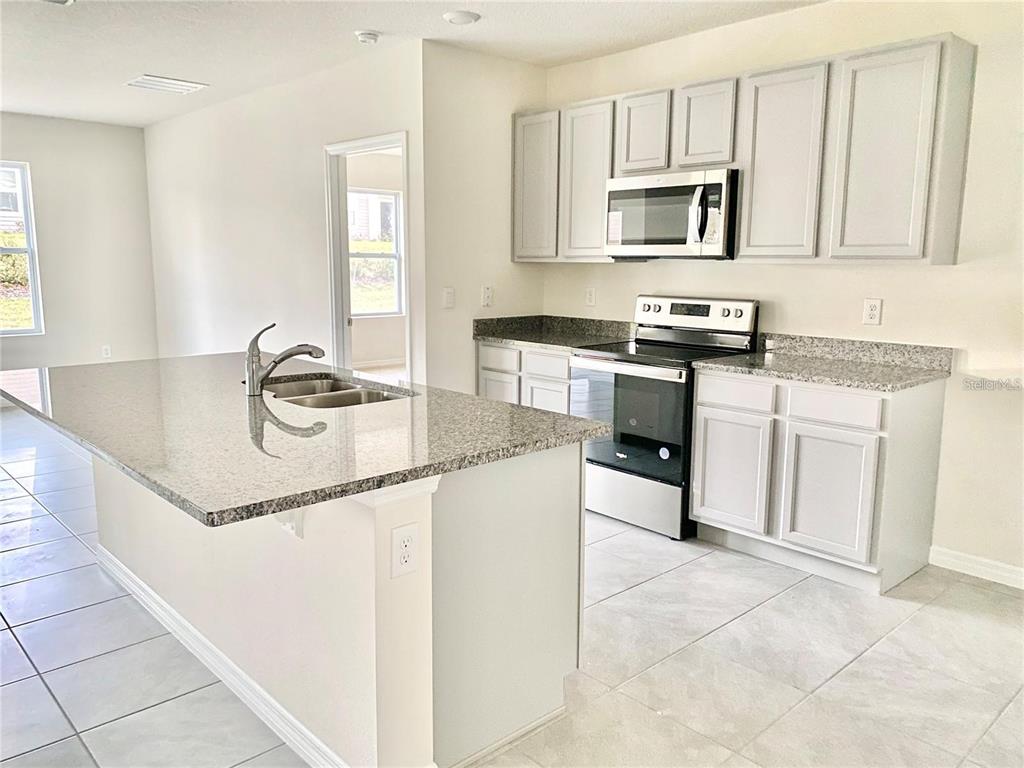A kitchen features light gray cabinets, granite countertops, a kitchen island, and stainless steel appliances — 2637 ROWAN STREET, TAVARES, FL