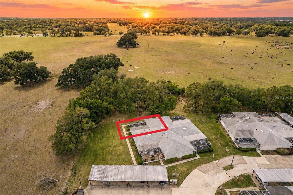 An aerial view shows a house with a red-outlined roof section and a carport — 2993 POPLAR AVENUE, LEESBURG, FL