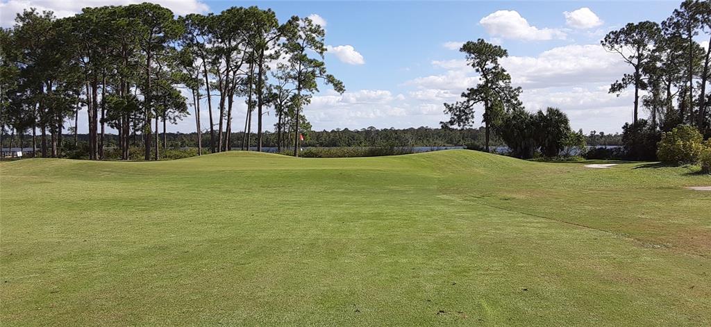 A view of a golf course green with a flagstick, surrounded by trees and water — 230 SUE AVENUE, DAVENPORT, FL