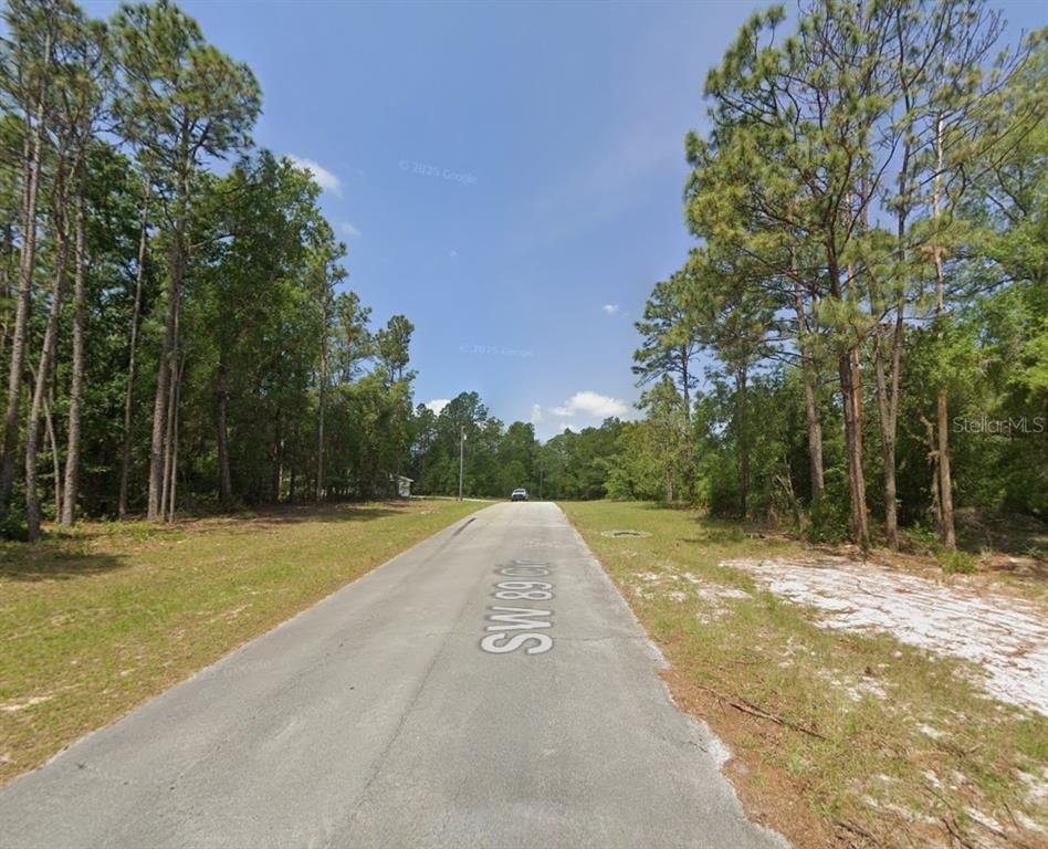 A paved road stretches through a wooded area with tall pine trees on both sides — 13831 SW 89TH CIRCLE, OCALA, FL