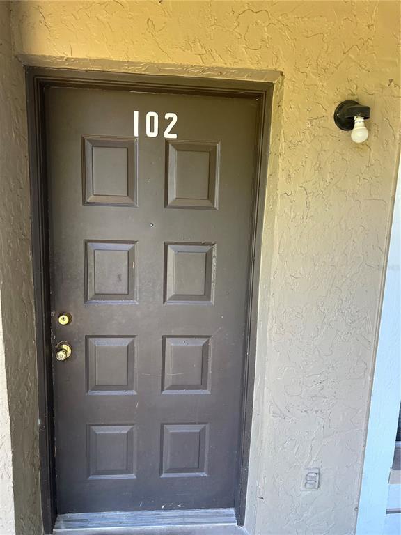 A brown door with the number 102 is set into a textured beige exterior wall — 14308 HANGING MOSS CIRCLE UNIT 102, TAMPA, FL