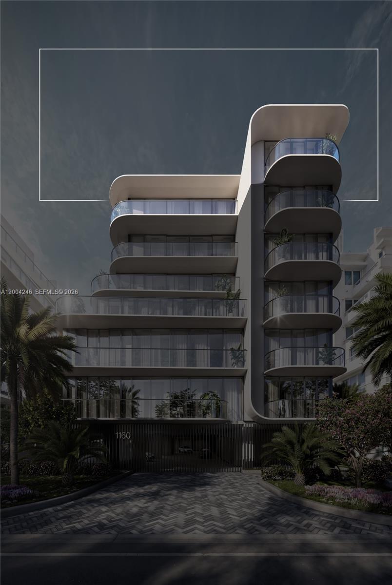 A rendering of a modern multi-story residential building with curved balconies and glass railings — 1160 101st St, Bay Harbor Islands FL 33154, BAY HARBOR ISLANDS, FL