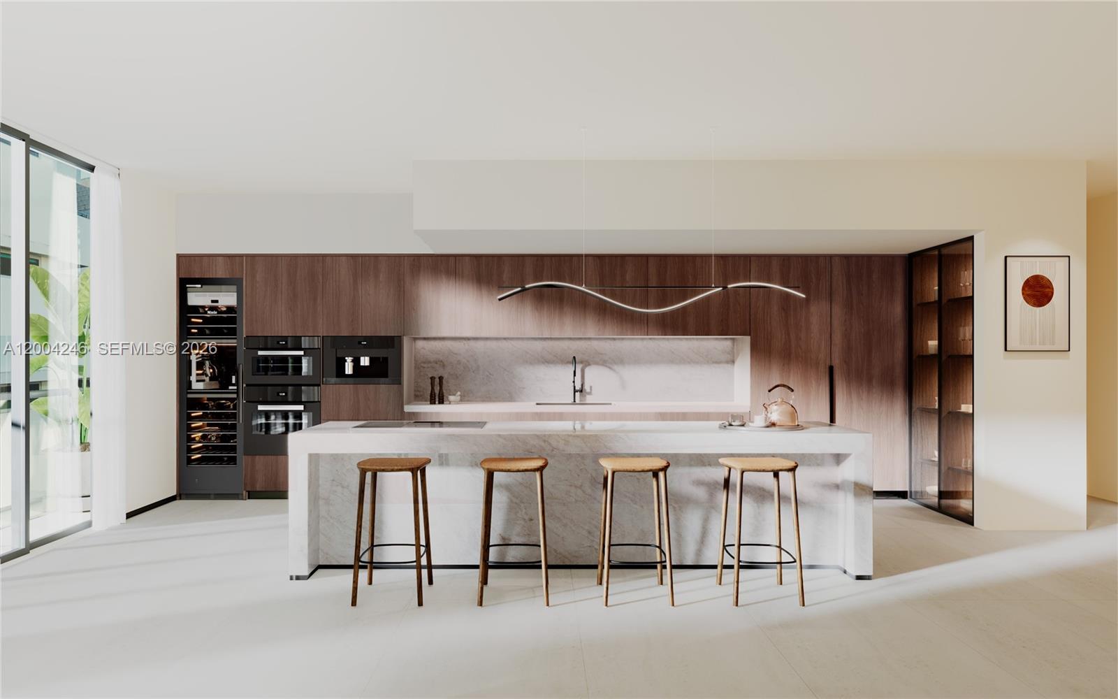 This is a rendering of a modern kitchen featuring wood cabinetry, marble countertops, and bar seating — 1160 101st St, Bay Harbor Islands FL 33154, BAY HARBOR ISLANDS, FL
