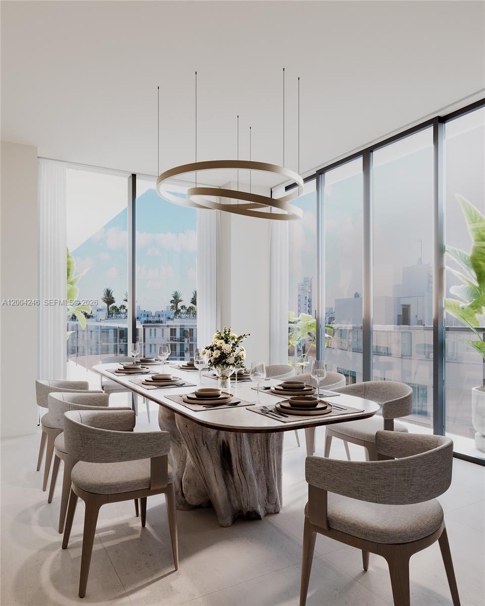 This is a rendering of a modern dining room featuring a large stone-topped table — 1160 101st St, Bay Harbor Islands FL 33154, BAY HARBOR ISLANDS, FL