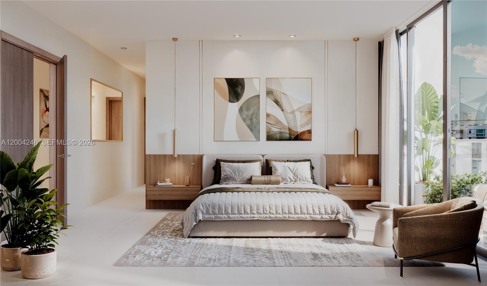 This rendering shows a modern bedroom with a wood-paneled headboard and two hanging pendant lights — 1160 101st St, Bay Harbor Islands FL 33154, BAY HARBOR ISLANDS, FL