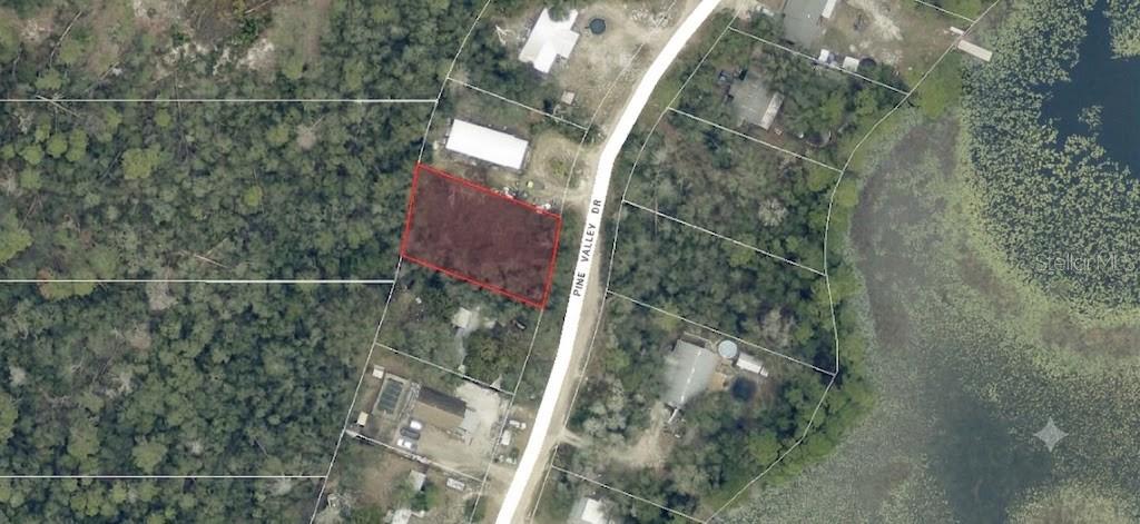 This aerial map shows a rectangular vacant lot highlighted in red along a paved road — PINE VALLEY DRIVE, PAISLEY, FL