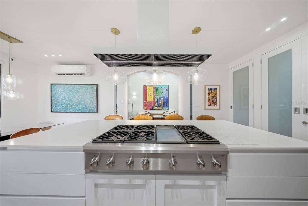 A modern kitchen features a large white island with a stainless steel gas range and hood — 86 LAKESIDE VILLAS UNIT H-3, VEGA ALTA, PR