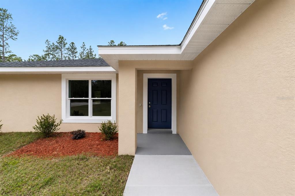 A beige house exterior features a dark blue front door and a concrete walkway — 1675 SW 159TH COURT, OCALA, FL