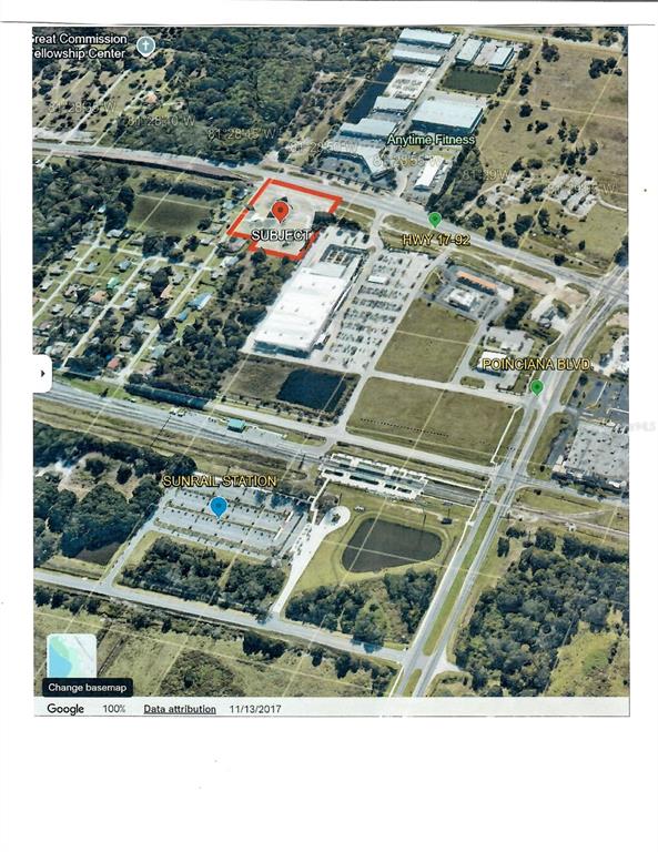 An aerial map shows a subject property outlined in red near a SunRail station — 1714 LOUIS DRIVE, KISSIMMEE, FL