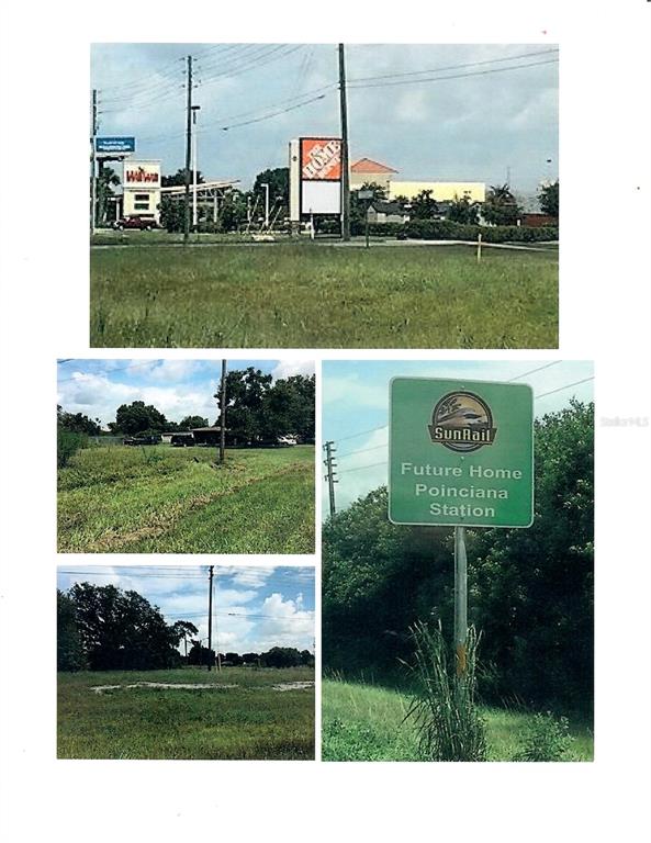 This composite image shows a vacant lot near a Home Depot and a SunRail sign — 1714 LOUIS DRIVE, KISSIMMEE, FL