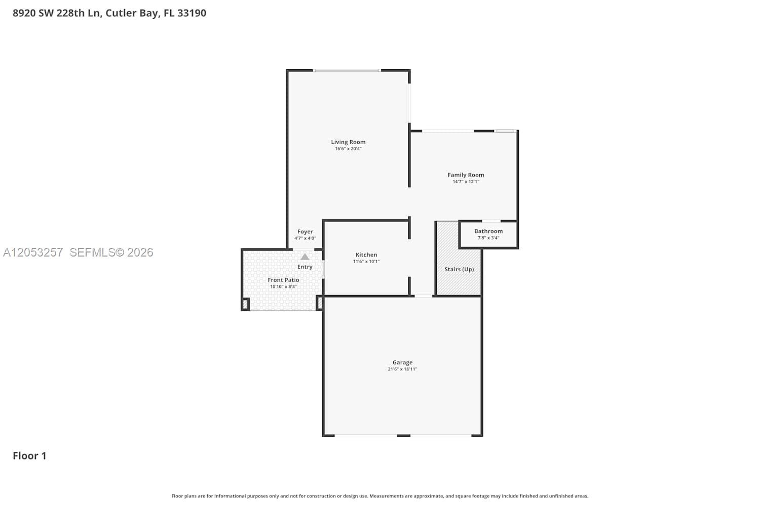 This is a floor plan for the first level of a residential home — CUTLER BAY, FL