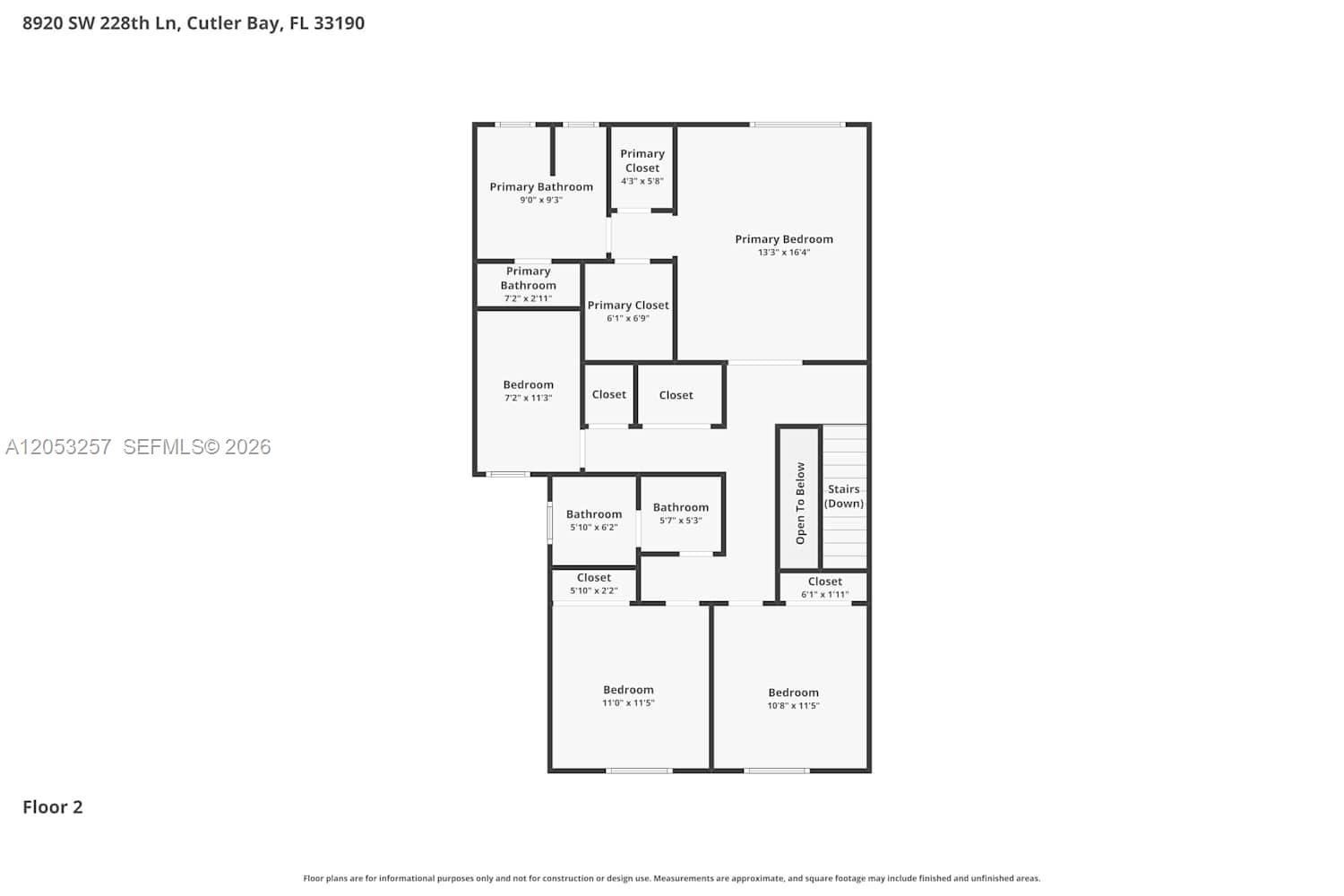 This is a floor plan for the second level of a residential home — CUTLER BAY, FL