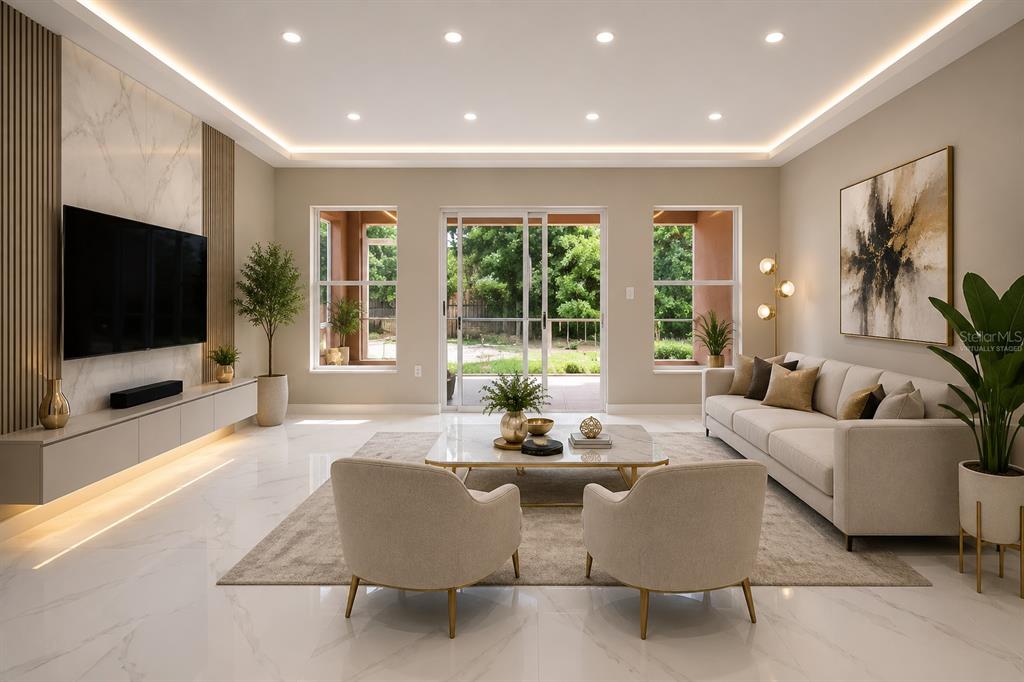 This is a digitally staged rendering of a modern living room with marble flooring — 12783 LINDEN DRIVE, SPRING HILL, FL