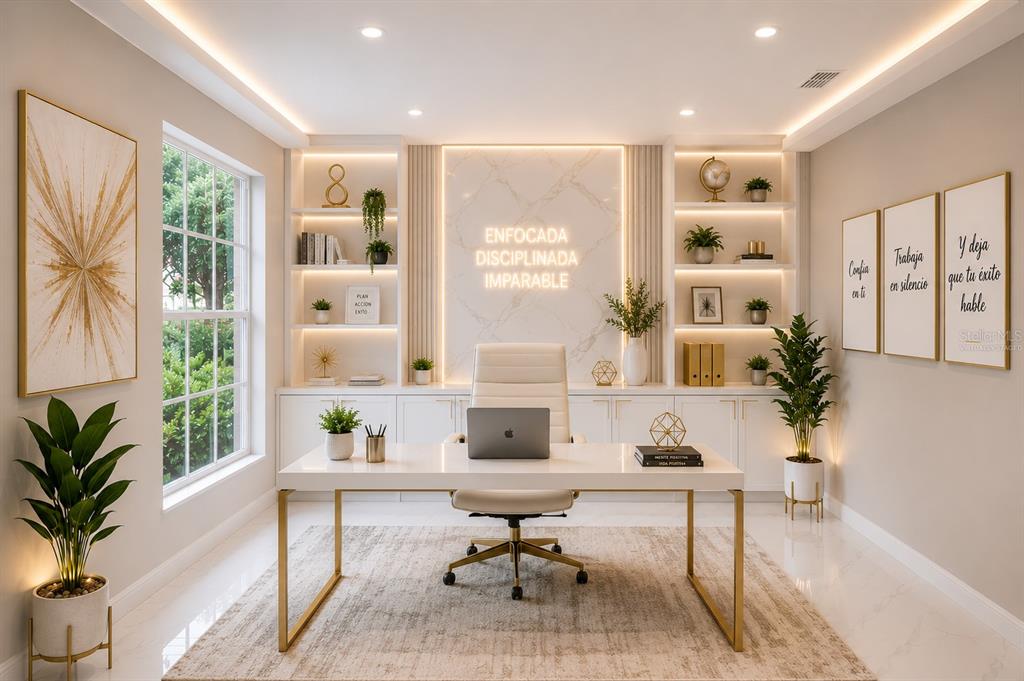 This is a rendering of a modern home office featuring a white desk, gold accents, and built-in shelving — 12783 LINDEN DRIVE, SPRING HILL, FL