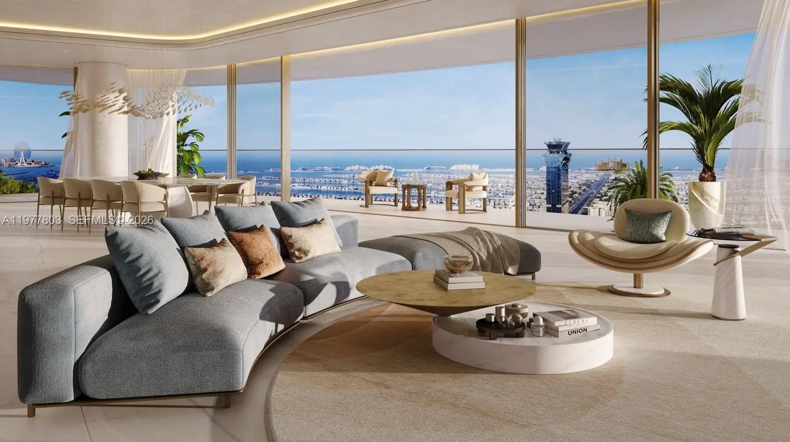This rendering shows a modern living room with floor-to-ceiling windows overlooking a coastal city — PJCRC17 Ittihad Rd # 0, Dubai, FL