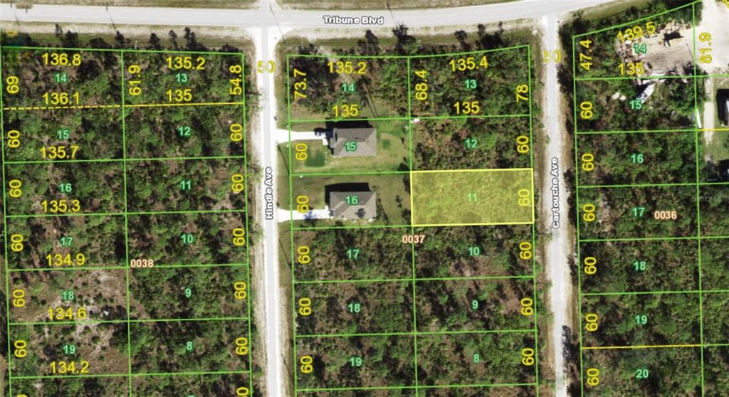 This is an aerial map showing residential lots and streets in a neighborhood — 12285 CARTOUCHE AVENUE, PUNTA GORDA, FL