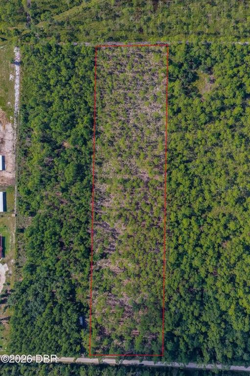 An aerial view shows a rectangular plot of land outlined in red amidst dense forest — 00 NINEMILE POINT ROAD, PIERSON, FL