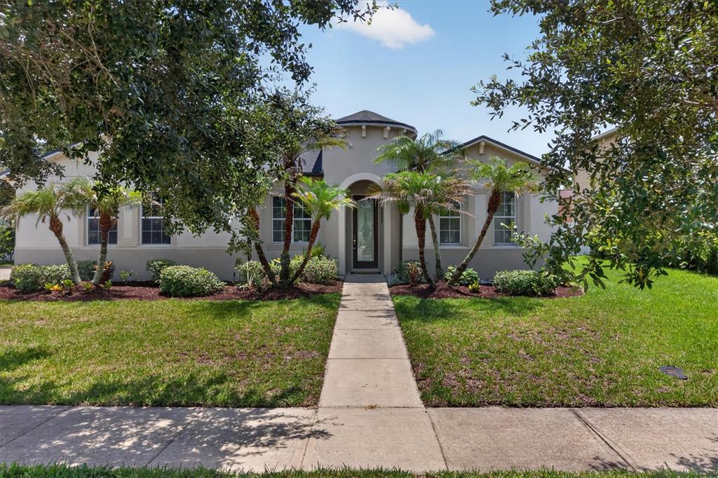 A single-story house with a stucco exterior, a central arched entryway, and palm trees — 3922 CEDAR HAMMOCK TRAIL, ST CLOUD, FL